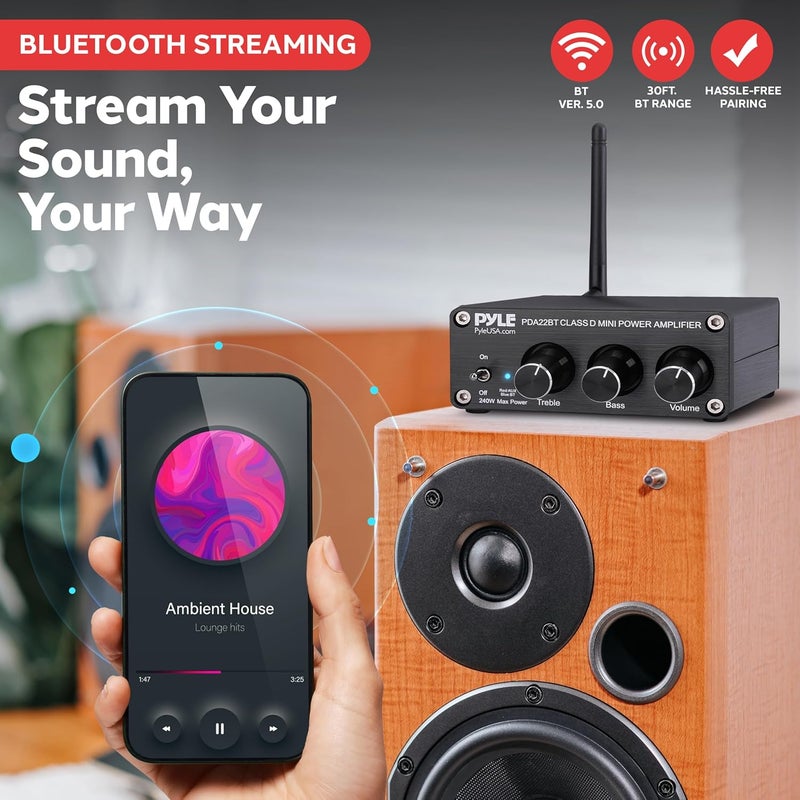 Pyle 240W Mini Bluetooth Home Stereo Amplifier - 2 Channel Compact Micro Receiver with Bass & Treble Control Dials - Includes Power Supply - Use with Passive Speakers for Indoor - Garage - Desktop - Image 2